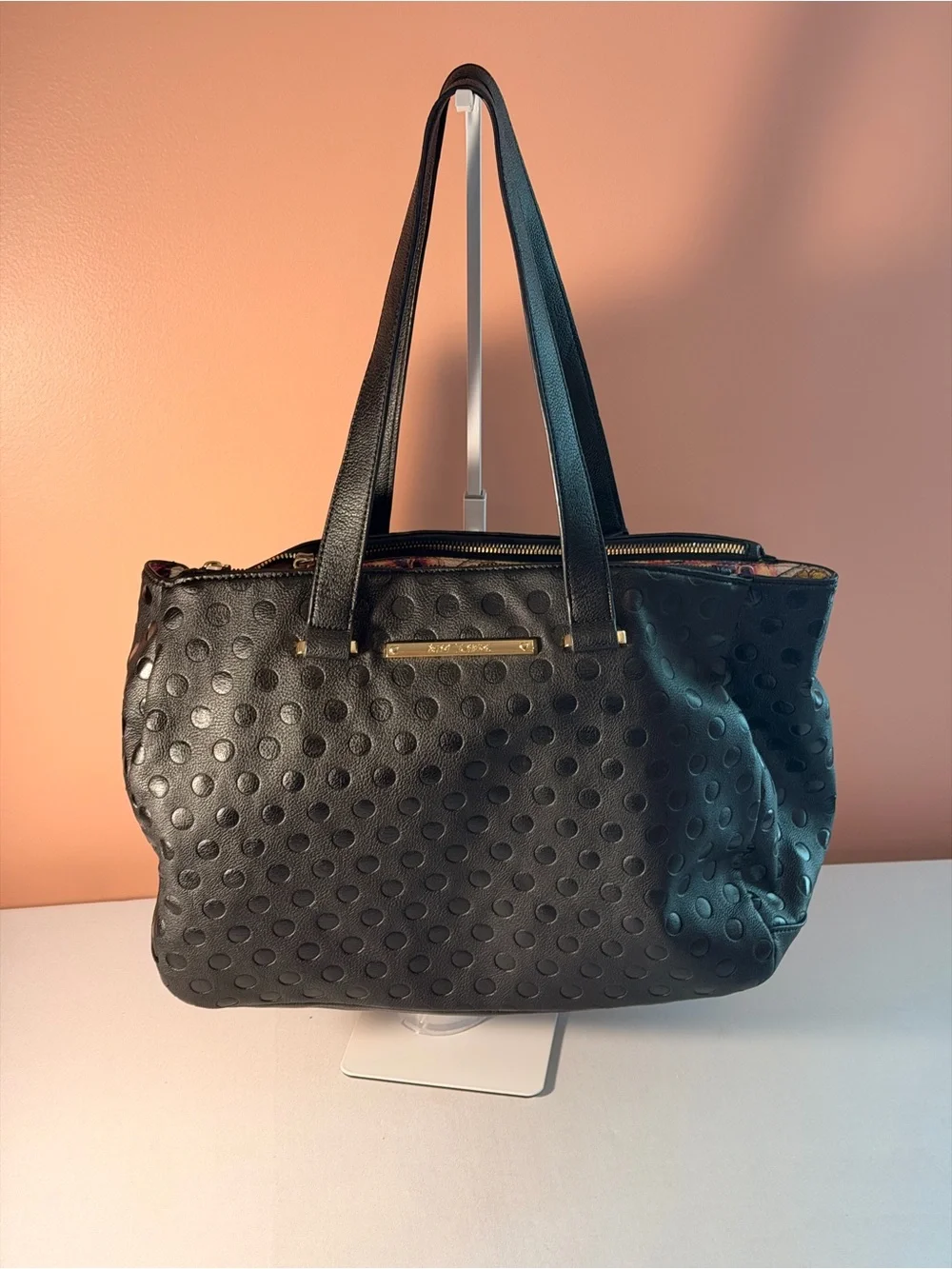 Betsey Johnson Black Embossed Polka Dot Tote Bag Large Shoulder Purse